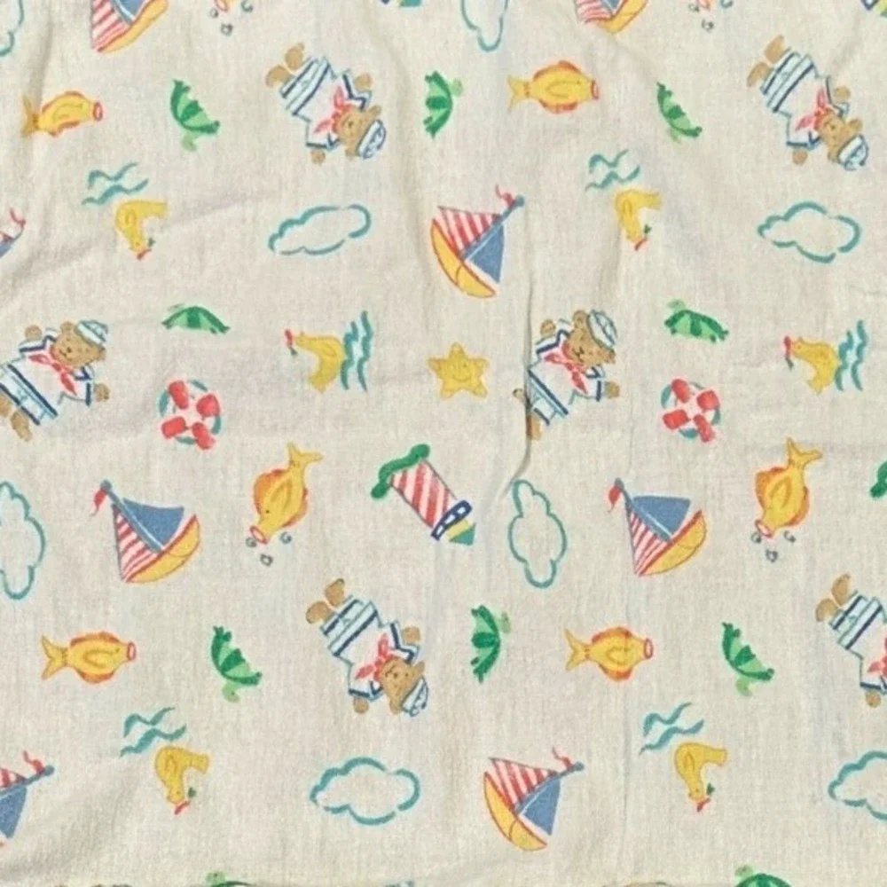 Vintage Riegel Nautical Bear Sailboat Cotton Flannel Baby Swaddle Blanket White